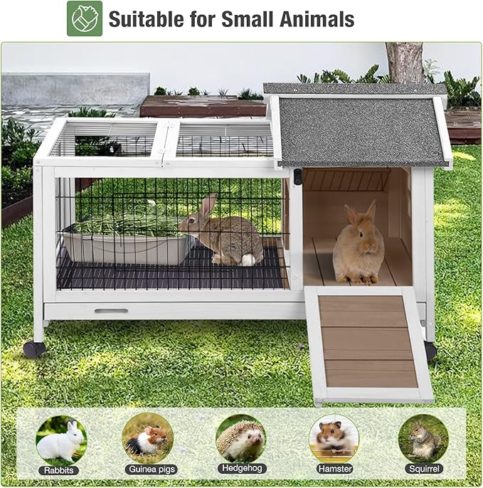 Wooden Rabbit Hutch Indoor and Outdoor, Rabbit Cage with Removable Wire Netting and Leak Proof Tray, Mobile Bunny Cage with Wheels (Brown)