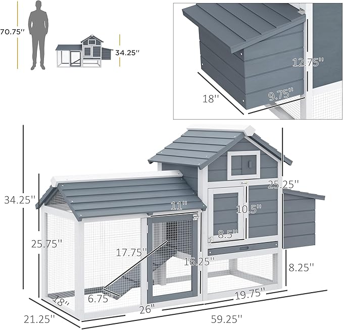 PawHut 59" Small Wooden Chicken Coop Hen House Poultry Cage for Outdoor Backyard with 2 Doors, Nesting Box and Removable Tray, White