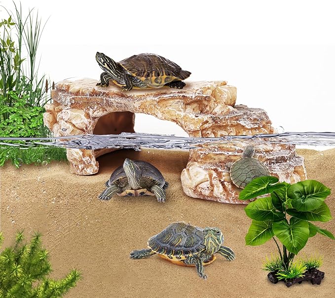 Turtle Basking Platform Kit, Reptile Habitat Hideout, Decorative Resin for Aquarium & Terrarium, Including Artificial Plant and Cleaning Brush. (A-Large-Black)