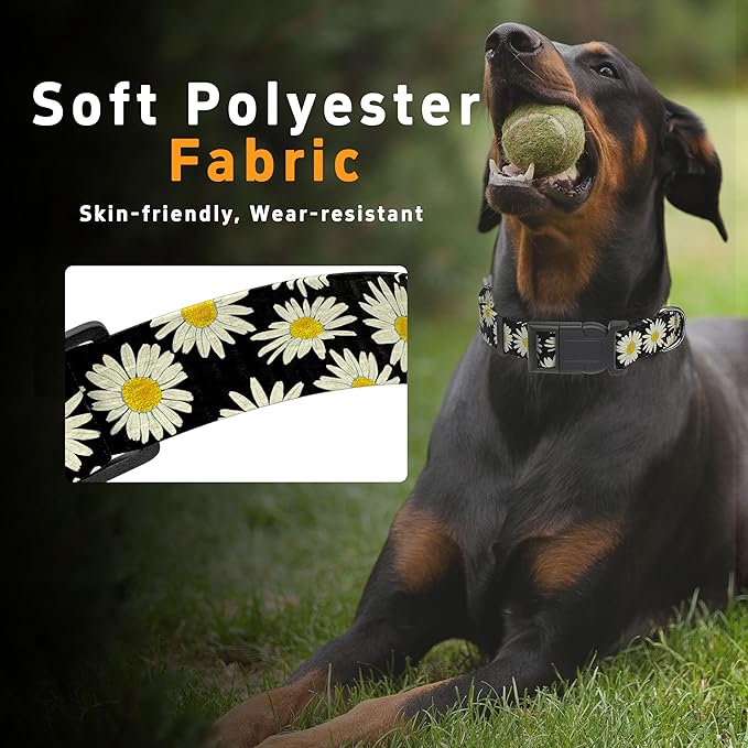 Dog Collar, Daisy Boys Girls Puppy Collar for Small Medium Large Dogs, Adjustable Soft Floral Pet Collar with Safety Buckle for Male Females(Black Daisy,L)