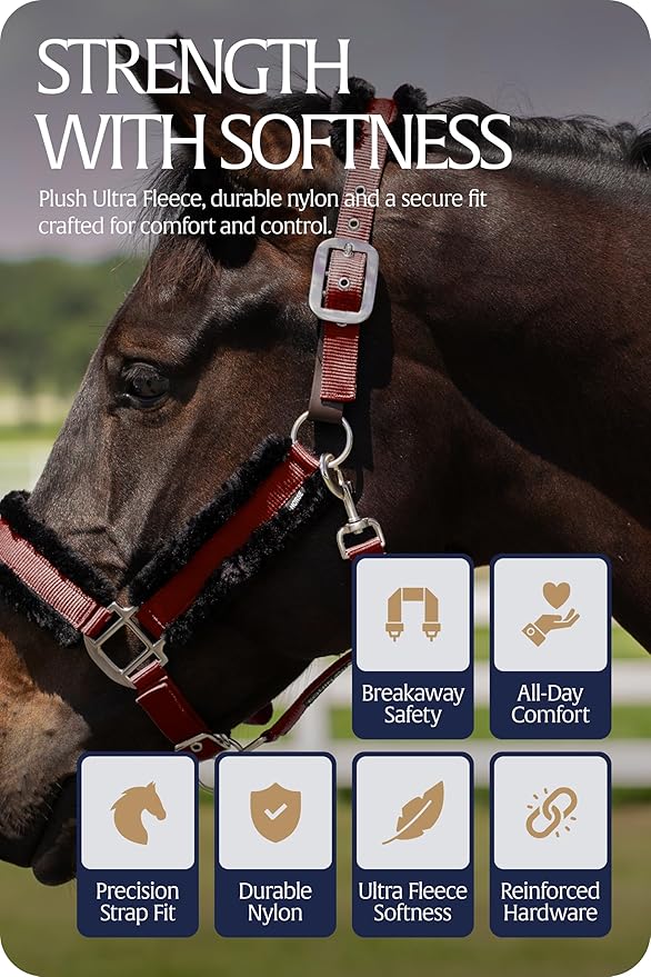 Equinavia Valkyrie Ultra Fleece Breakaway Horse Halter | Padded Fleece Adjustable Safety Halter with Nylon Webbing - Wine Red/Black - Cob
