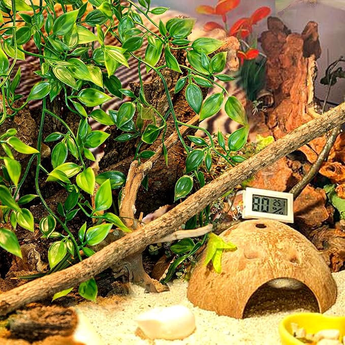 HERCOCCI Reptile Plants, 4 Pack Terrarium Hanging Plants Vines Artificial Leaves Habitat Decorations with Suction Cup for Bearded Dragon Hermit Crab Lizard Snake Geckos Chameleon