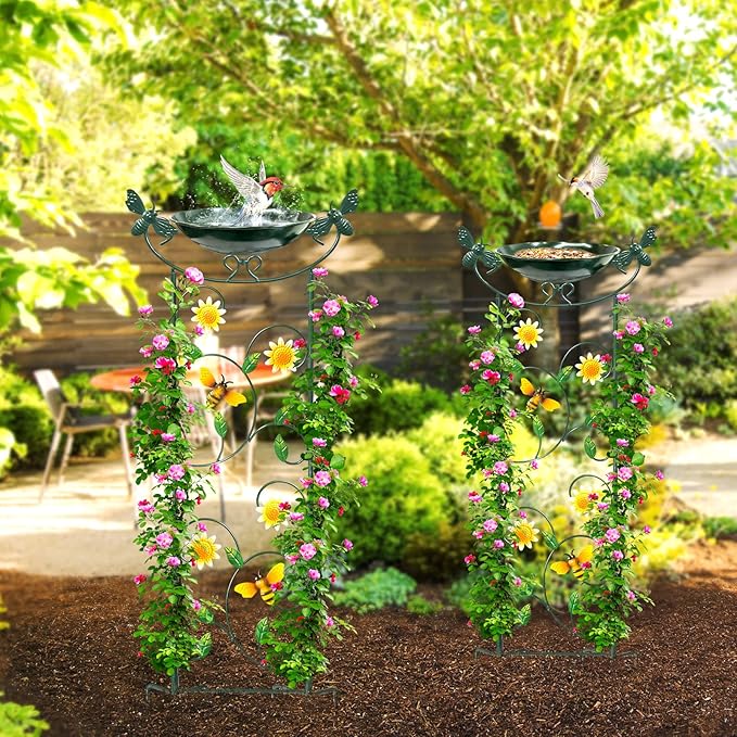 HONGLAND 36.5" Metal Bird Bath with Trellis, Outdoor Garden Birdbath with Detachable Bowl & Climbing Plant Support, Decorative Bird Feeder Station with Bee for Yard, Patio, Fence
