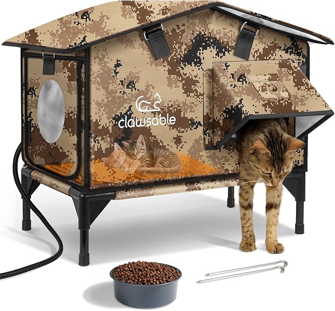 Upgraded Heated Cat House for Outside Escape Door, Highly Insulated Heated Outdoor Cat House Waterproof Awning, Weatherproof Outdoor Feral Cat Shelter for Stray Winter