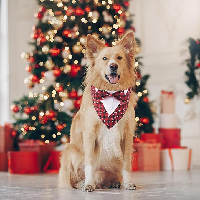 ADOGGYGO Christmas Dog Tuxedo Bandana, Red Plaid Pet Chritstmas Tux with Bowtie Adjustable Christmas Formal Costume for Medium Dogs Pets (M)