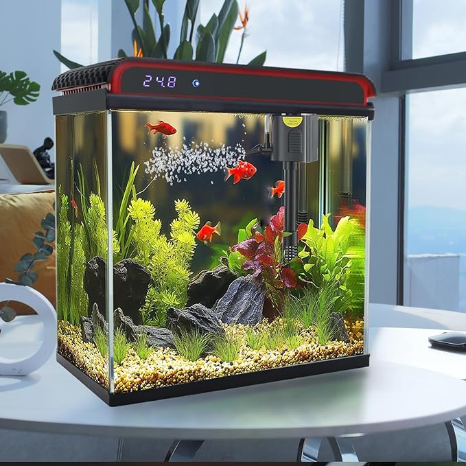 Glass 10 Gallon Fish Tank Aquarium - Smart Self-Cleaning Starter Kit with 3-Color LED Light, Ultra Quiet Pump & Filter, Temperature Monitoring for Betta Fish and Shrimp