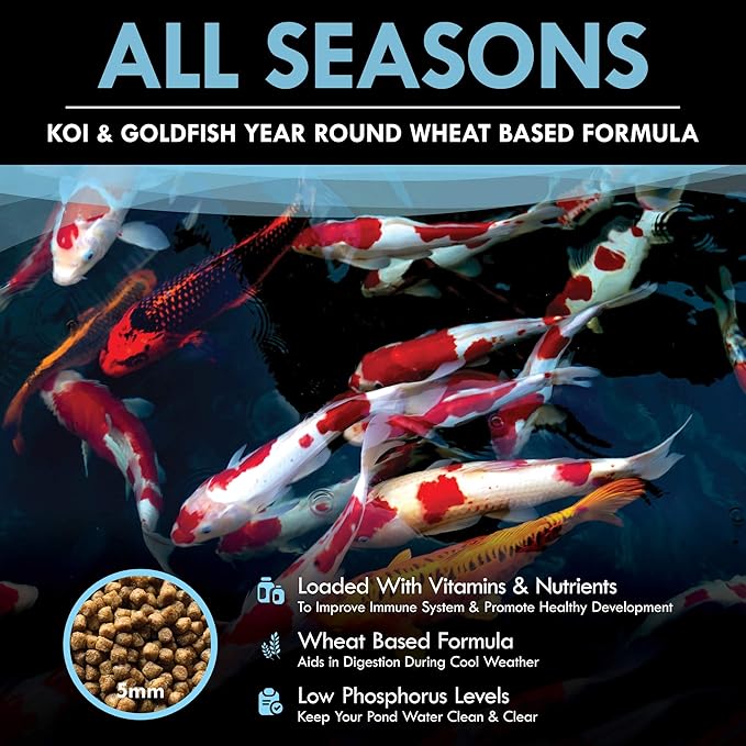 HALF OFF PONDS All Seasons Koi Fish Food - 10 lb Floating Pellets, 5mm Size - Goldfish Food for Ponds - 28% Protein with Wheat Germ & Vitamins - Ideal for Year-Round Feeding & Water Clarity