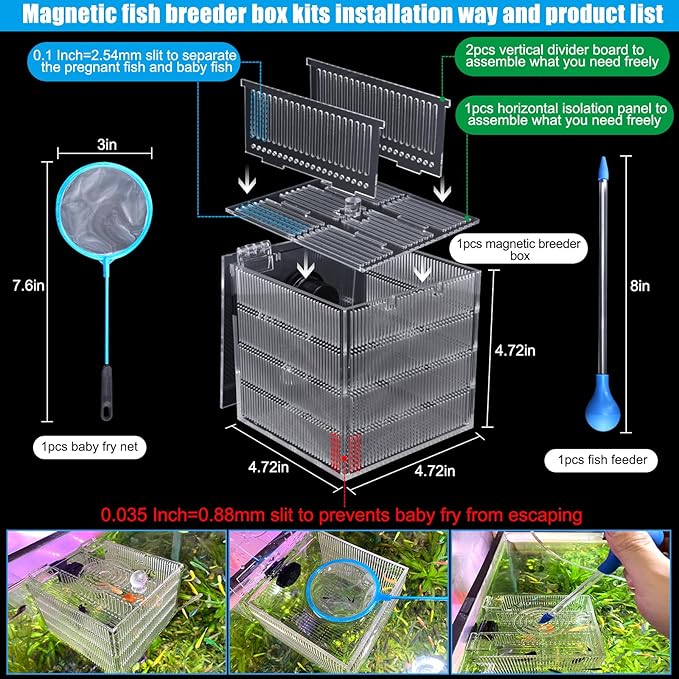 Magnetic Fish Breeder Box for Isolation Boxes Acclimation Hatchery breeding Incubator for Guppy Baby Betta Shrimp Saltwater Clownfish Coral Anemones Aggressive or Injured Fishes