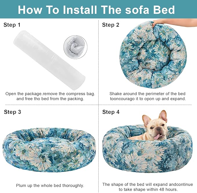 Dog Calming Beds for Small Medium Large Dogs - Round Donut Washable Puppy Dog Bed, Anti-Slip Faux Fur Fluffy Donut Cuddle Anxiety Cat Pet Bed (36" Flower)