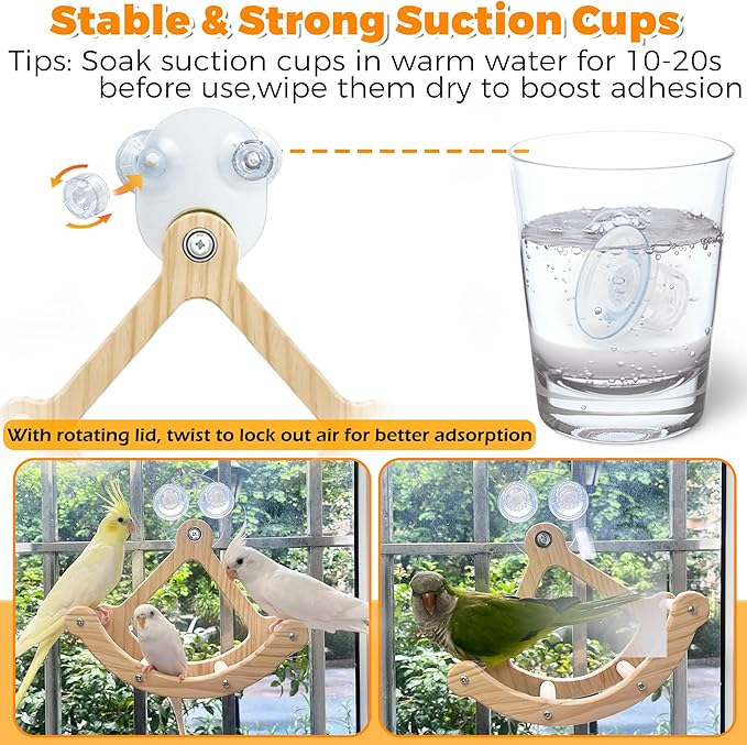 Rocking Bird Toys Perch for Window and Cage, Bird Perch for Wall Suction Mount, Wooden Parrot Toys for Medium Birds, Enrichment Cockatiel Toy Fun and Accessoriess for Budgie, Lovebird, Conure