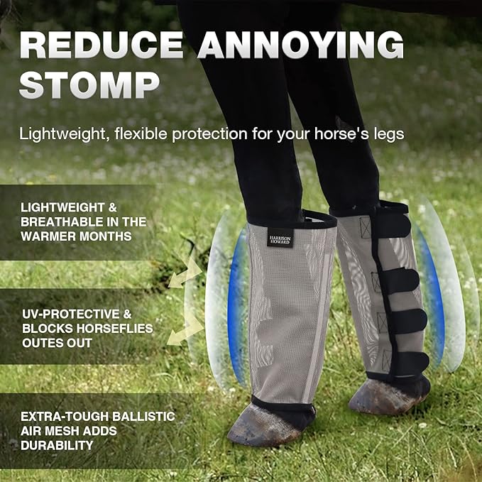 Harrison Howard Loose Fitting Fly Boots UV-Protective Extra Tough Mesh Ventilated Four Fasteners Stay-on Design Protect Horse Legs & Stomp-Reducing Set of 4 Original Grey Small