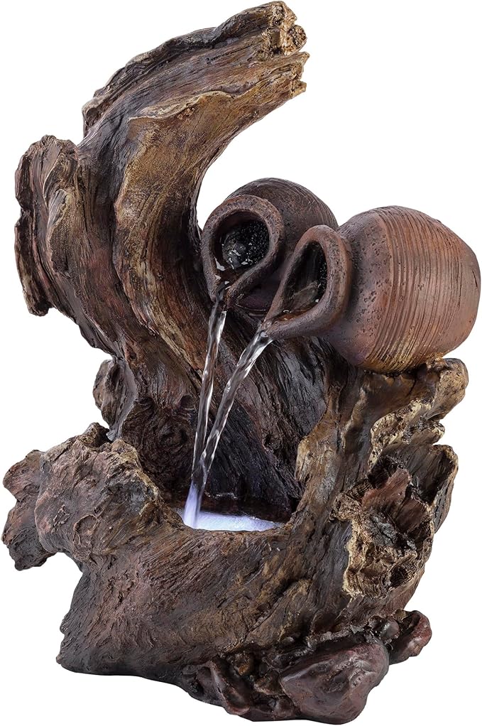 Alpine Corporation 14" Tall Indoor Tabletop Two Jars on a Tree Branch Fountain with LED Lights