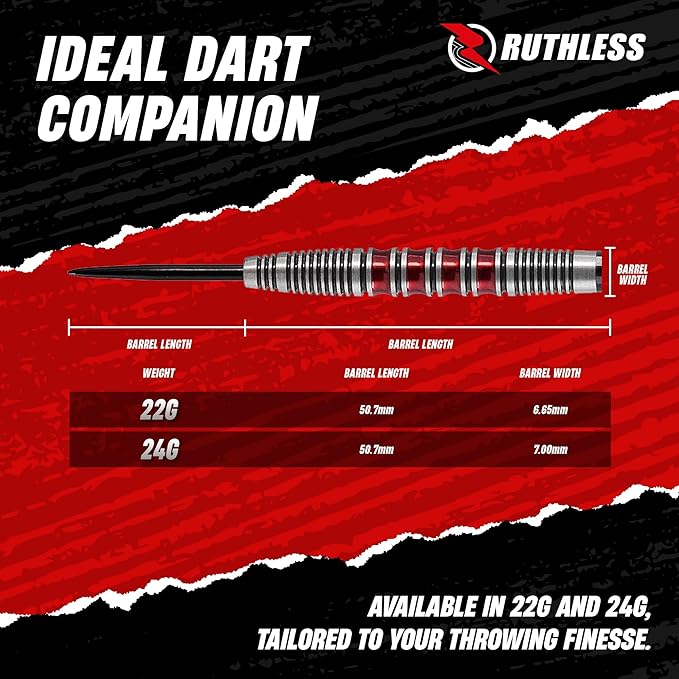 RUTHLESS Red Falcon Professional Tungsten Steeltip Darts Set in 22g and 24g, with Flights and Stems Shafts