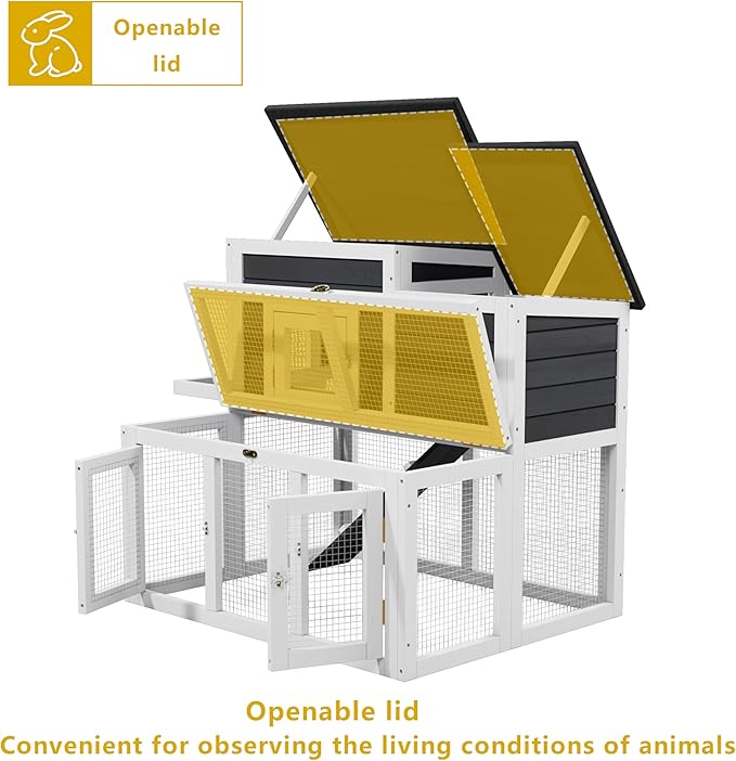 Outdoor Bunny Cage 2-Tier Rabbit Hutch & Chicken Coop with Wire Run, Wooden Poultry House with Pull-Out Tray, Waterproof Rabbit Hutch for Outside (White & Black)