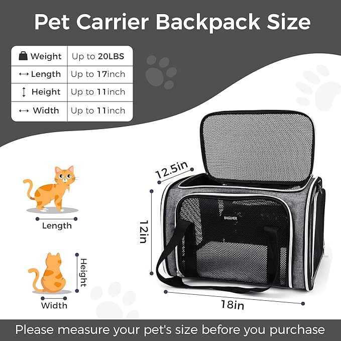 BAGLHER Pet Travel Carrier, Cat Carriers Dog Carrier for Small Medium Cats Dogs Puppies, Airline Approved Small Dog Carrier Soft Sided, Collapsible Puppy Carrier. Grey