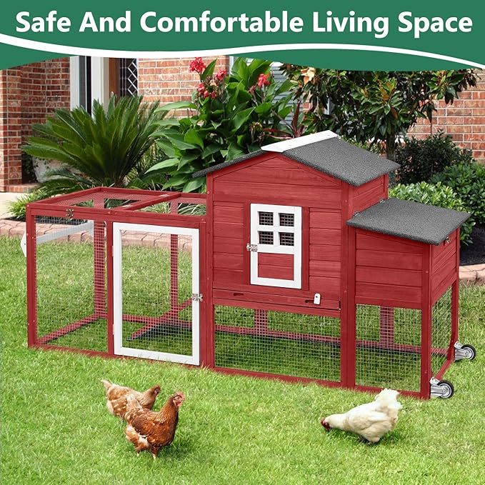 79" L Chicken Coop with Run, Mobile Chicken Hen House with Nesting Boxes, Wheels, Outdoor Indoor Rabbit Hutch, Poultry Cage for Chickens Ducks Bunny with Removable Tray, Ramp (Red)