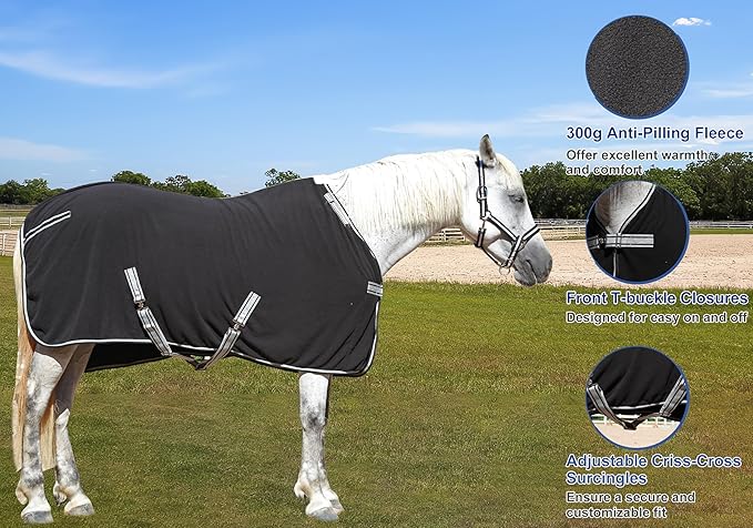 Horse Fleece Cooler, Blanket Liner - 300g Anti-Pilling Fleece, Moisture-Wicking, Cooling & Drying for Post-Workout, Bath & Travel, Prevent Overheating & Chilling Black 69