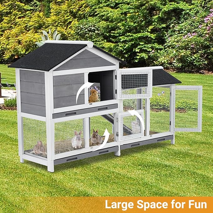 63 in Bunny Hutch Indoor Bunny Cage, with 3 Leak-Proof Removable Trays, Wooden Waterproof Roof Rabbit Hutch Indoor/Outdoor, 2-Tier Bunny House/Chicken Coop, Gray and Black