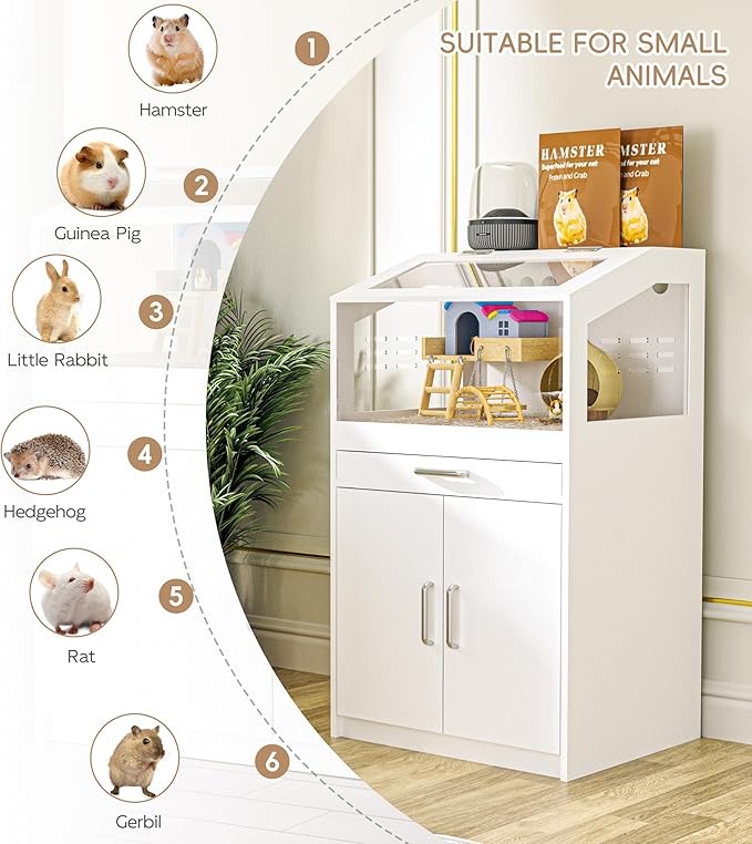 Betterhood Hamster Cage with Storage Cabinet,Hamster Cag for Small Animals, Large Hamster Cage and Habitat with Easy View Acrylic Panels for Hamster, Rabbit, Hedgehog (24"x19"x40")