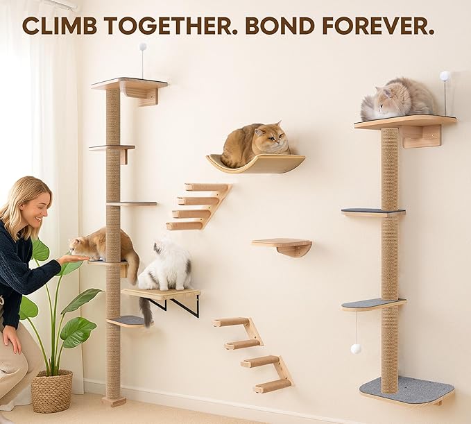 5-Tier Floor-to-Ceiling Cat Tree Tower, Upgraded Grey Felt Kittens Wall Shelves, Rotatable Platforms & 3-Inch Wall Gap, Wild Simulation Kitten Playground