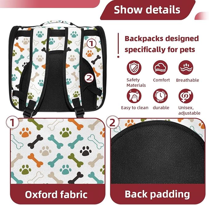 Colored Dog Cat Paw Footprint and Bones Cat Backpack Carrier Pet Backpack Carrier for Small Dogs and Medium cat Puppy Kitten Bunny