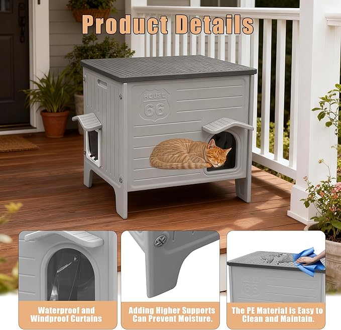 Cat House for Outdoor with Insulated Liner Weatherproof Cat Shelter, Plastic Cat House Easy to Assemble Cable for 1-4 Cats (Winter-Ready)