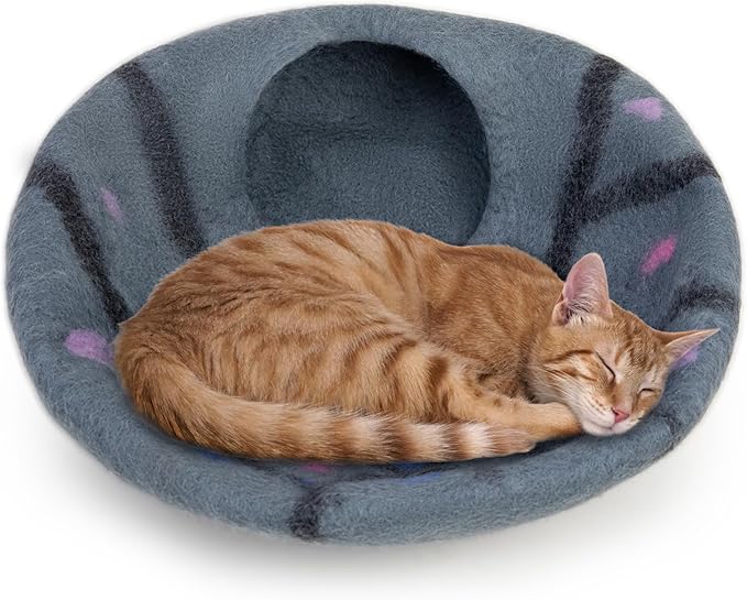 Woolygon Premium Felt Cat Cave Bed – Wool Kitty Beds Handcrafted Kitten Caves Bed for Indoor Cats - Made from 100% Eco-Friendly Merino Wool, Foldable Cat Hidewawy Covered Cat Houses (Enchanted Tree)