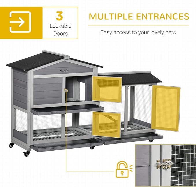 PawHut 62" Rabbit Hutch, Wooden Bunny Hutch, Guinea Pig Cage, Small Animal Enclosure with Wheels, Run Area, Removable Tray, Asphalt Roof, Lockable Doors and Ramp, for Rabbits, Chickens, Ducks, Gray