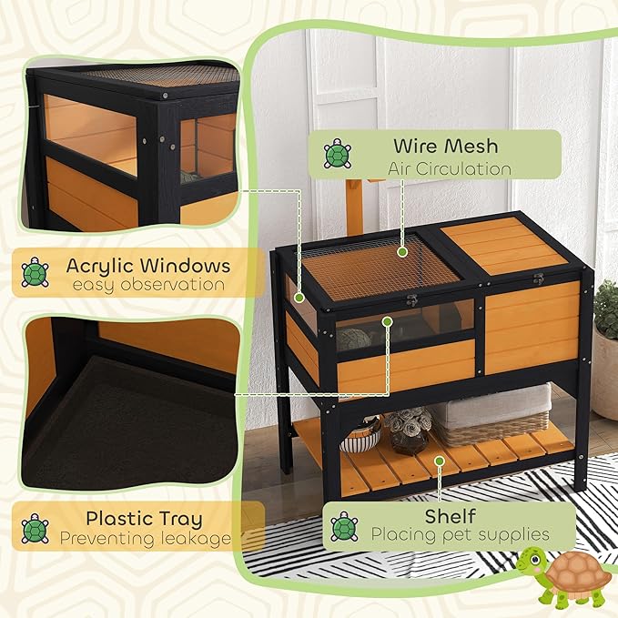 PawHut Tortoise Habitat with Shelf Storage, Tortoise Enclosure with Weather Protection, Reptile Enclosure with Tray, Light Support Frame, Yellow