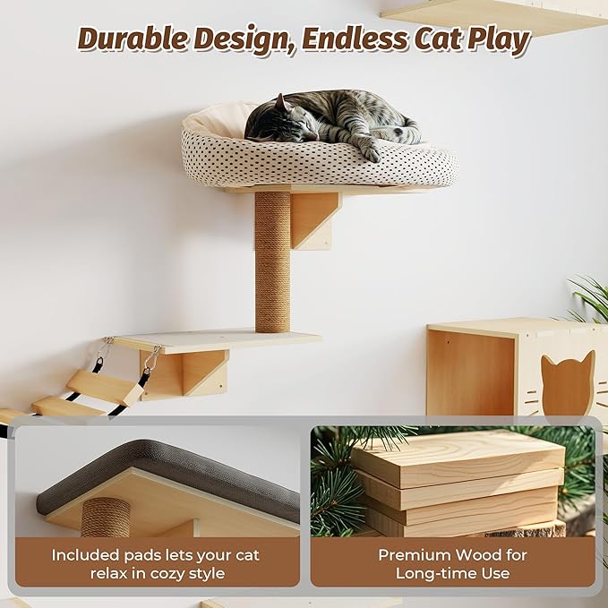 Cat Wall Shelves, Wood 8-in-1 Cat Wall Furniture Set, Large Cat Shelves for Wall with Scratching Post, Cat Climbing Wall Activity Center for Climb, Play, Rest, and Scratch, Natural Wood