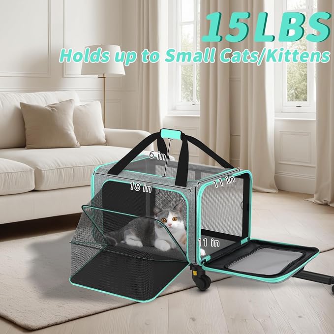 Pet Carrier with Detachable Wheels, TSA Airline Approved Rolling Cat Carrier for Small Dogs and Cats up to 15Lbs, Sturdy Frame & Smooth 360° Wheels for Travel & Vet - 18" L x 11" W x 11"