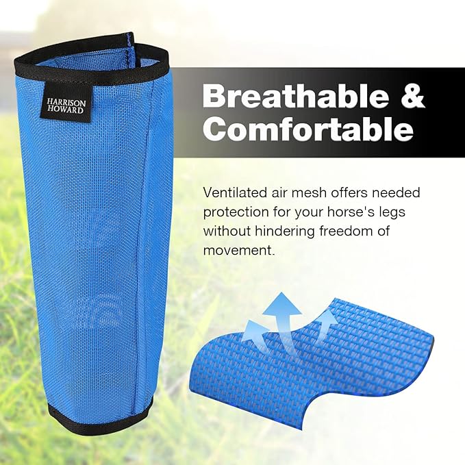 Harrison Howard Loose Fitting Fly Boots UV-Protective Extra Tough Mesh Ventilated Four Fasteners Stay-on Design Protect Horse Legs & Stomp-Reducing Set of 4 Sky Blue Large