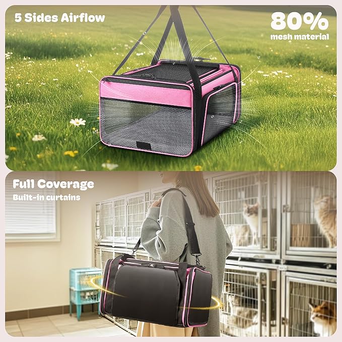 Top and 2 Sides Expandable Cat Carrier 18x13.5x9.5, TSA Airline Approved Dog Carriers for Small Dogs, Soft-Sided Pet Carrier with Self-Locking Zippers for Kitten,Rabbit, Puppy, Guinea Pig Pink