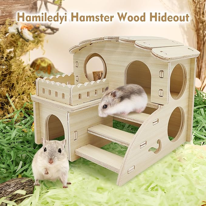 Hamiledyi Wooden Hamster Hideout Maze Small Animal Activity Toy Hamster House and Habitat Wooden Hut with Ladder for Dwarf Hamsters Small Gerbils Tiny Mice and Other Similar Sized Animals