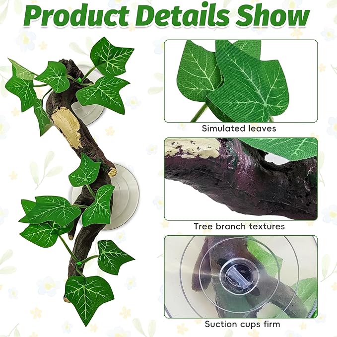 PINVNBY 2 PCS Reptile Corner Branch Terrarium Plant Decoration with Suction Cup Resin Plant for Amphibian Lizard Snake Climbing