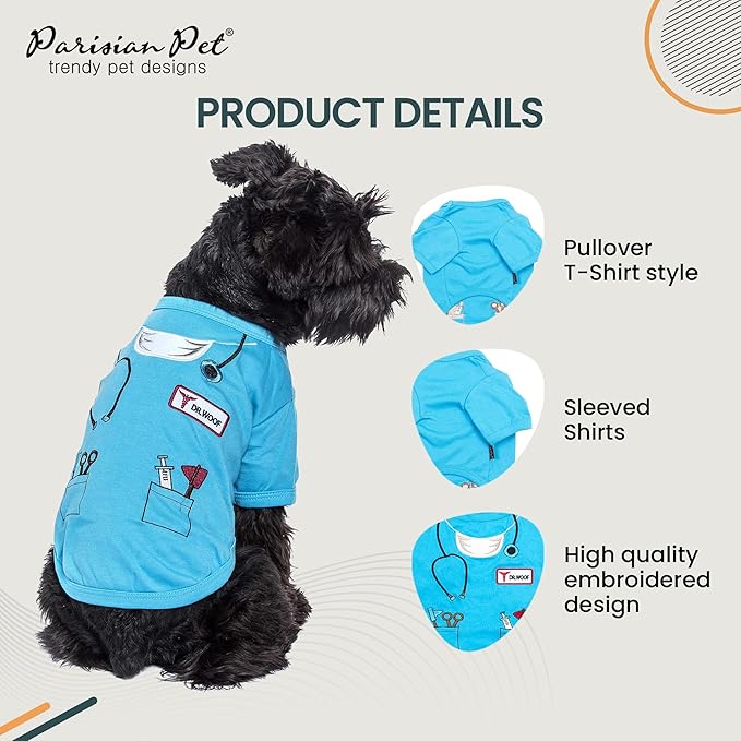 Parisian Pet Doctor Woof Dog Shirt - Embroidered Dog Pirate Costume - 100% Cotton & Polyester Doctor Outfit for Dog - Sleeved Dog Clothes - Blue Dog Shirts for Medium-Sized Dogs - Pet Costumes - M