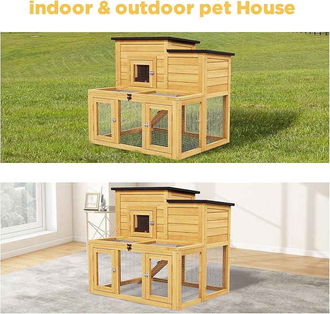 Chicken Coop Outdoor Wooden with Waterproofing Roof, Runways, Pull-Out Trays and Openable Top for Poultry Cage (Yellow)