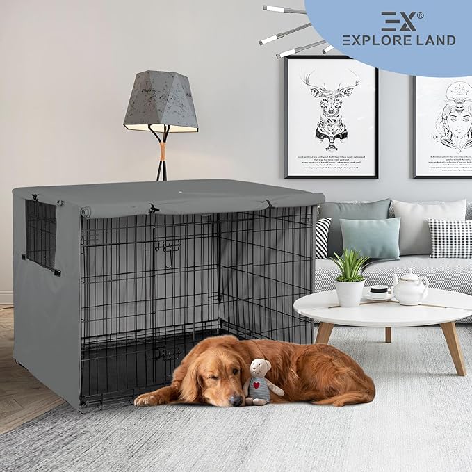 Explore Land Dog Crate Cover Heavy Duty Polyester Pet Kennel Sunshade Universal Fit for 54 inches Wire Cage (Grey)