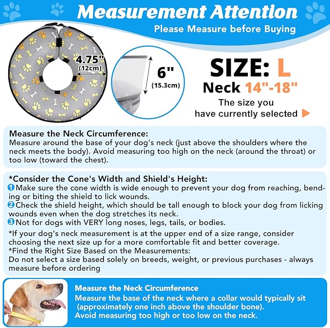 Inflatable Dog Cone with Anti-Licking Clear Shield, Protective Dog Donut Collar After Surgery, Adjustable Soft Recovery Cone for Pets, Alternative Collar with Buckle Strap (Grey Paw, L)