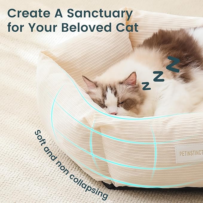 Cat Bed, Washable Orthopedic Cat Beds for Indoor Cats, Soft Donut Calming Pet Bed for Puppy and Kitten with Anti Slip Bottom, Small Dog Bed, 21.7x21.7x5.9 in, Cream White
