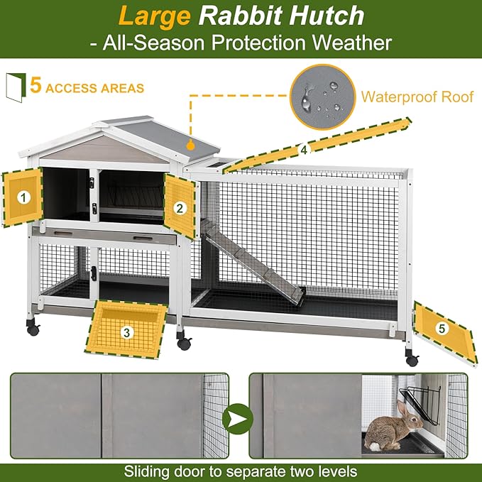 PetsCosset Rabbit Hutch Outdoor Indoor Bunny Hutch with Run 2-Story Large Rabbit Cage on 6 Wheels, 3 Leak Proof Trays, Ramp, Waterproof Roof for Small to Medium Animals, Expandable Design