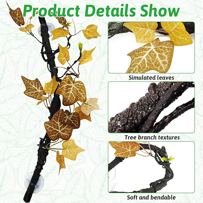 PINVNBY 2 PCS Snake Climbing Branch, Flexible Jungle Climbing Vine with Suction Cup Reptile Climb Tree Branches for Lizards, Chameleons, Snakes（ Orange）