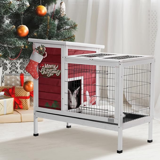 Petsfit Rabbit Hutch Indoor Guinea Pig Cages Bunny Cage with Pull Out Tray, Bunny Guinea Pig Cage Hutch Outdoor,red…