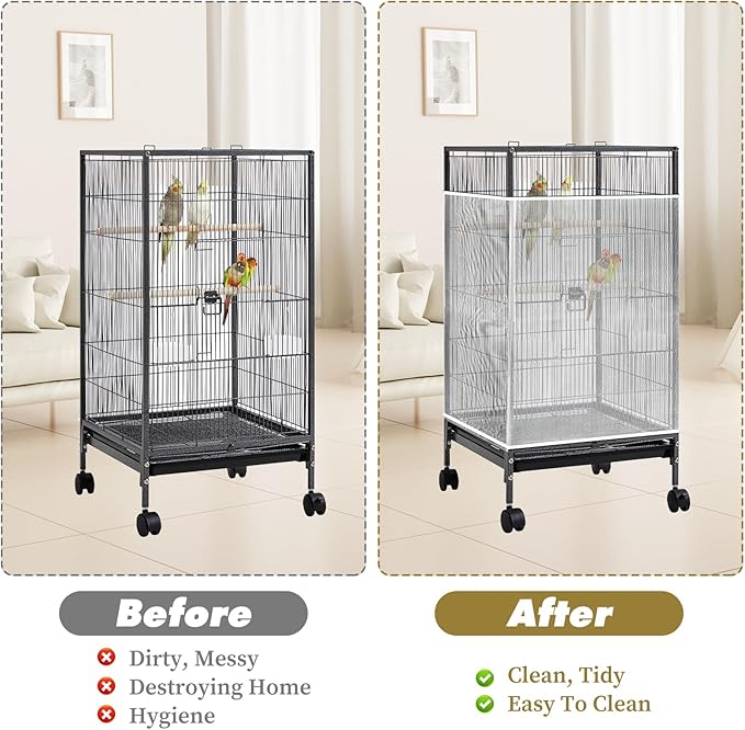 White Bird Cage Seed Catcher Adjustable Soft Birdcage Cover Reusable Nylon Mesh Birdcage Net Lightweight Skirt Seed Guard for Parrot Cage Stop Scatter Breathable Round Square Canary