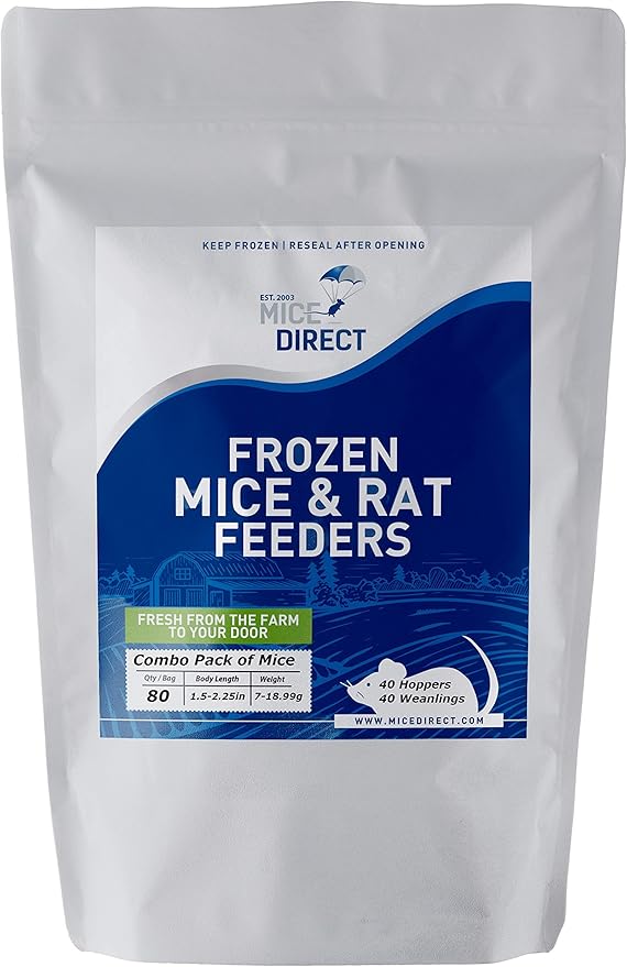 MiceDirect 80 Frozen Mice Combo Pack of 40 Hoppers and 40 Weanling Feeders Snake Food for Mice for Juvenile Ball Python Adult Milk Corn Snakes (1.5-2.5 in)(Pack of 80)(800 Grams Min)