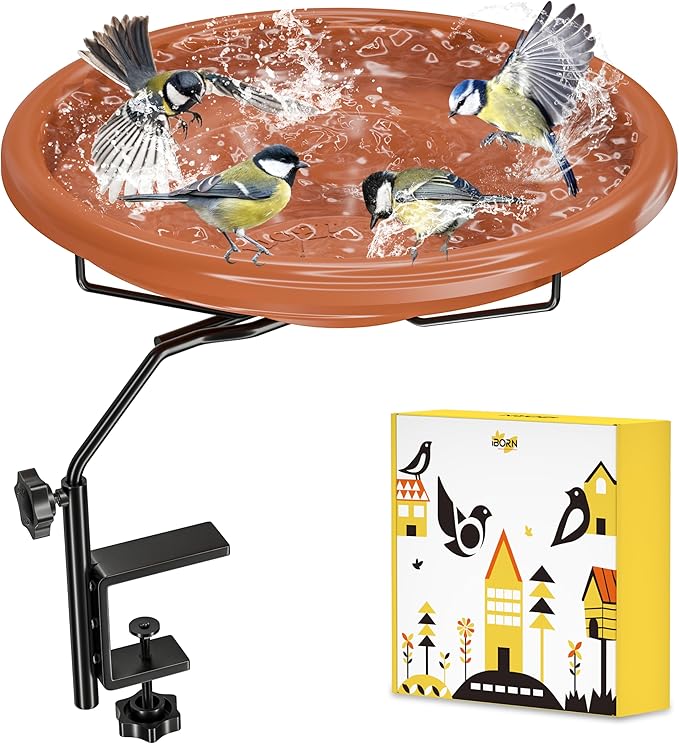iBorn Bird Bath for Outside,Deck Mounted Bird Bath 12in，Birds Baths for Outdoors with Adjustable Clamp 3.2in，BPA-Free Bowl，360°Swivel & Adjustable Height Bracket，Detachable Birds Baths, Pack of 1