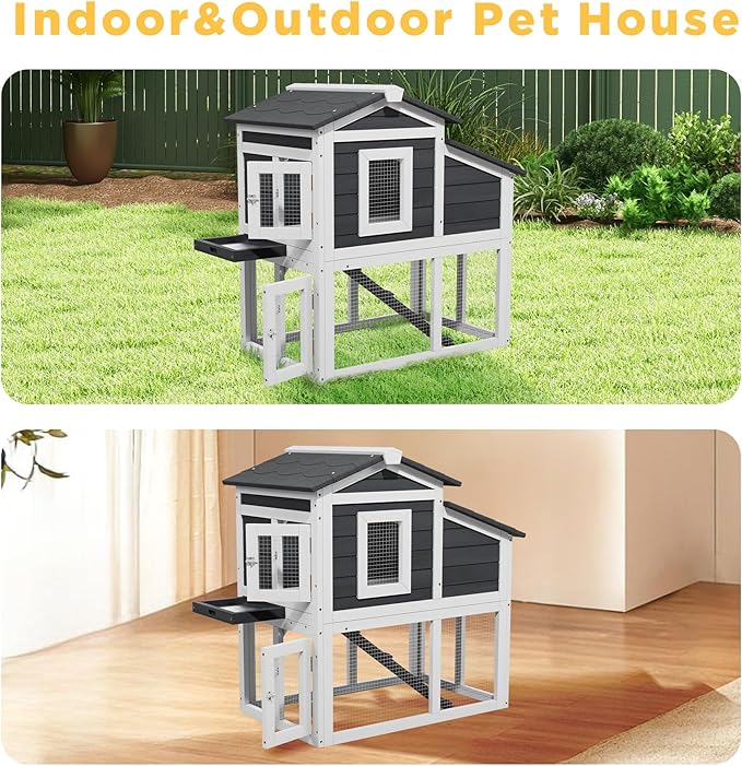 Wooden Chicken Coops with Nesting Boxes Indoor Outdoor, Small Chicken Coop for 2 Chickens, Bunny House Rabbit Hutch Poultry Pet Run Cage with Waterproof Roof, Stairs&Removable Tray