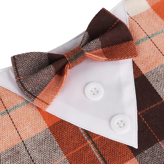 ADOGGYGO Fall Dog Tuxedo Bandana, Orange Plaid Pet Fall Collar with Bowtie, Adjustable Halloween Thanksgiving Costume for Large Dogs (L)