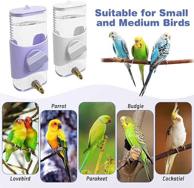 PINVNBY 2 PCS Automatic Bird Water Dispenser 9.47 Fl Oz Parakeet Water Dispenser for Cage Suspended Water Feeder Bird Cage Accessories for Budgie Lovebird Cockatiel Finch (White + Purple)