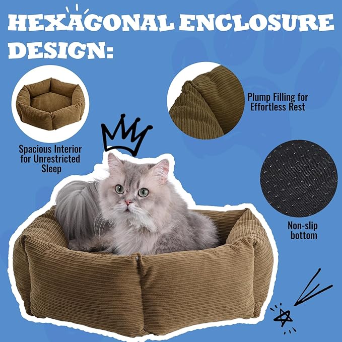 All-Season Stain Resistance Cat Dog Bed,Round Donut Pet Bed,Cord Washable Cat and Dog Beds with Removable Cover,Kitten Bed with Anti-Slip Bottom,Brown,21.6 * 5.9"